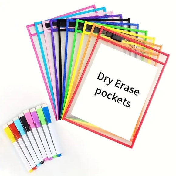 NEW Reusable Dry Erase Pockets with Markers 14pcs (6 Erase Pockets + 8 Markers) - Picture 2 of 4